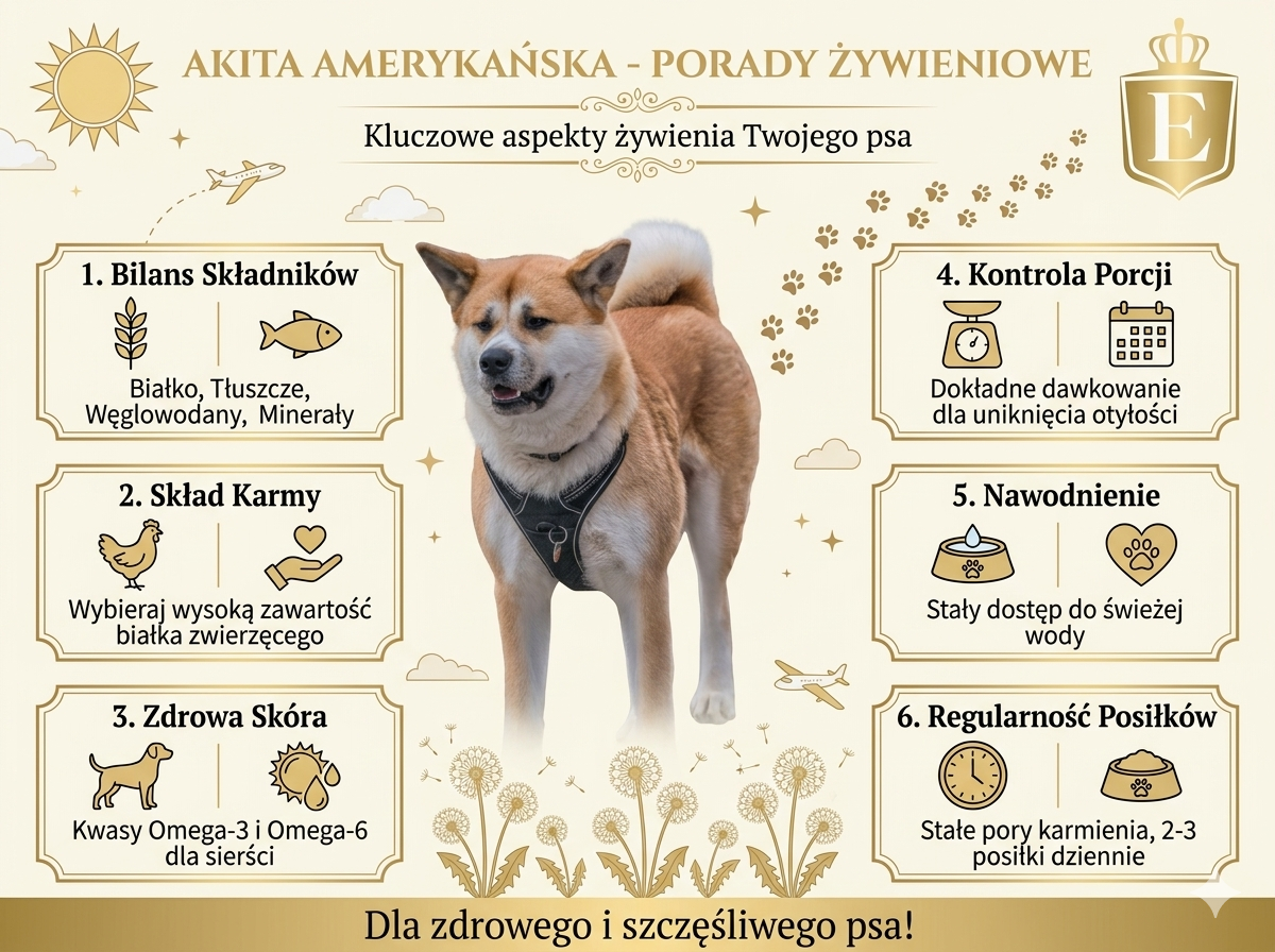 Akita amerykańska – infografika przedstawiająca najważniejsze zasady żywienia akity amerykańskiej. Grafika pokazuje dużego psa rasy akita oraz kluczowe elementy diety: bilans składników odżywczych, wysoką zawartość białka zwierzęcego, wsparcie skóry i sierści kwasami omega-3 i omega-6, kontrolę porcji, nawodnienie oraz regularność posiłków. Infografika dotyczy żywienia, zdrowia i pielęgnacji psa rasy akita amerykańska.